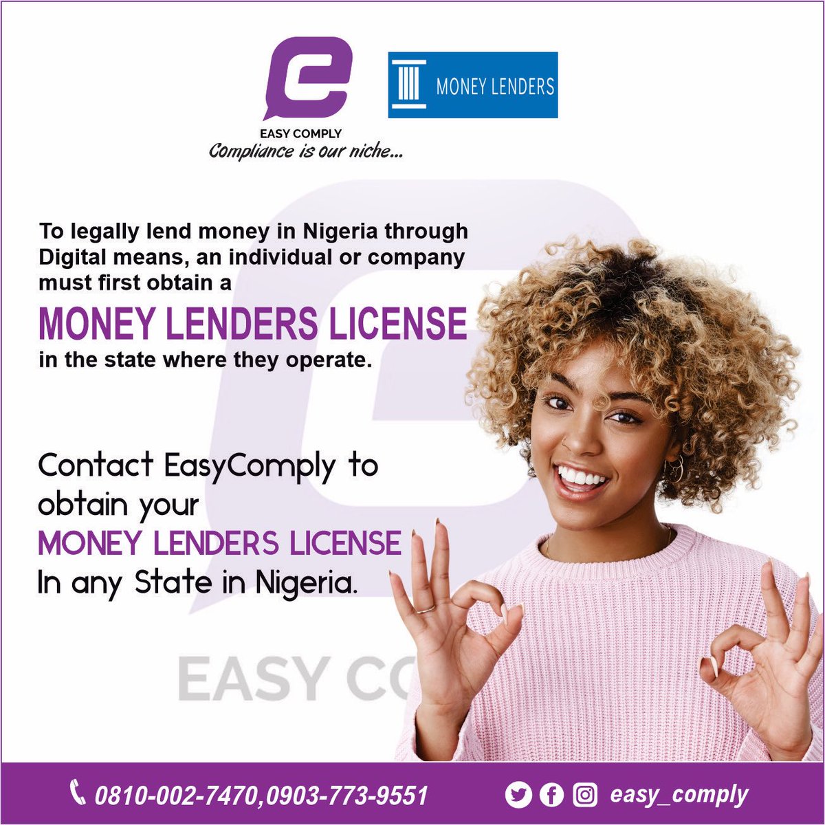 Easy_complyltd's tweet photo. You’ll be glad engaging us 💜

#compliance #cac #cacregistration #certification #registration #companyregistration #businessregistration #businessregistrationinnigeria #trademark #cofo #cofoinnigeria #moneylender #moneylenderservice #nafdac #scuml #scumlregistration https://t.co/jIX3zDzfCI