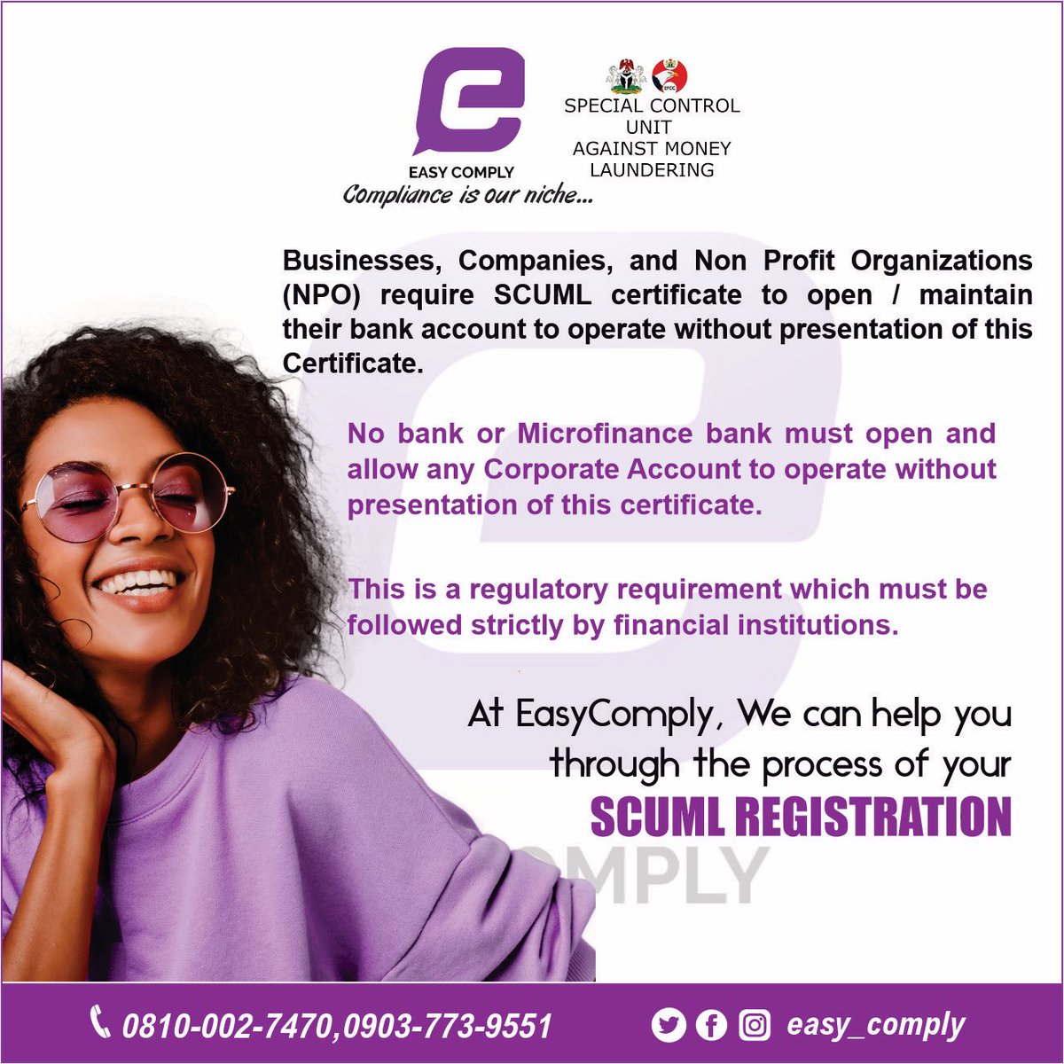 Easy_complyltd's tweet photo. You’ll be glad engaging us 💜

#compliance #cac #cacregistration #certification #registration #companyregistration #businessregistration #businessregistrationinnigeria #trademark #cofo #cofoinnigeria #moneylender #moneylenderservice #nafdac #scuml #scumlregistration https://t.co/jIX3zDzfCI