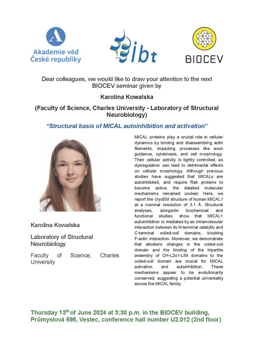IBT_CAS's tweet photo. 📢Two more seminars from the #BIOCEV series, definitely worth your attention❗️
🗓️𝟭𝟯. 𝟲. 𝟮𝟬𝟮𝟰
⏰𝟭𝟱:𝟬𝟬 - 𝟭𝟲:𝟬𝟬
🗺️ BIOCEV, Vestec
@Akademie_ved_CR @BIOCEV_science @UniKarlova https://t.co/NhnaP6ltCB