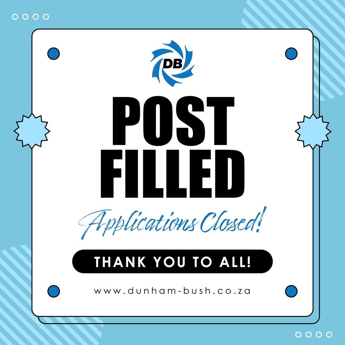 DunhamBushSA's tweet photo. 📌ANNOUNCEMENT!🎙️
We are very pleased to inform you that the position for COUNTER SALES has been filled at our Cape Town Branch!
#success #airconditioning #team #closed #dunhambushsa https://t.co/v5LT5bzuW7
