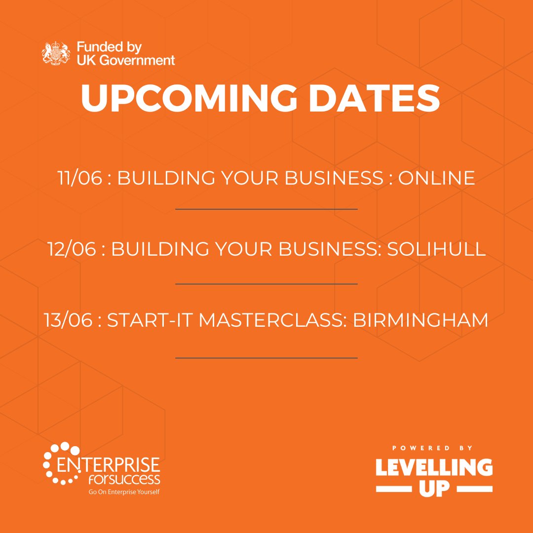 Don't miss our FREE business start-up workshops in Birmingham and Solihull taking place this week! Book now!
#BusinessStartUp #FreeWorkshops #Birmingham #Solihull

Funded by #UKSPF, Birmingham City Council, and Solihull MBC