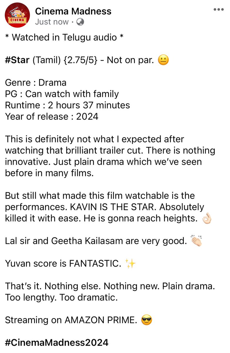 CinemaMadness24's tweet photo. #STAR (Tamil) {2.75/5} - Not on par.
#StarReview #StarOnPrime @PrimeVideoIN @Kavin_m_0431 @thisisysr https://t.co/LIMcQw5itF