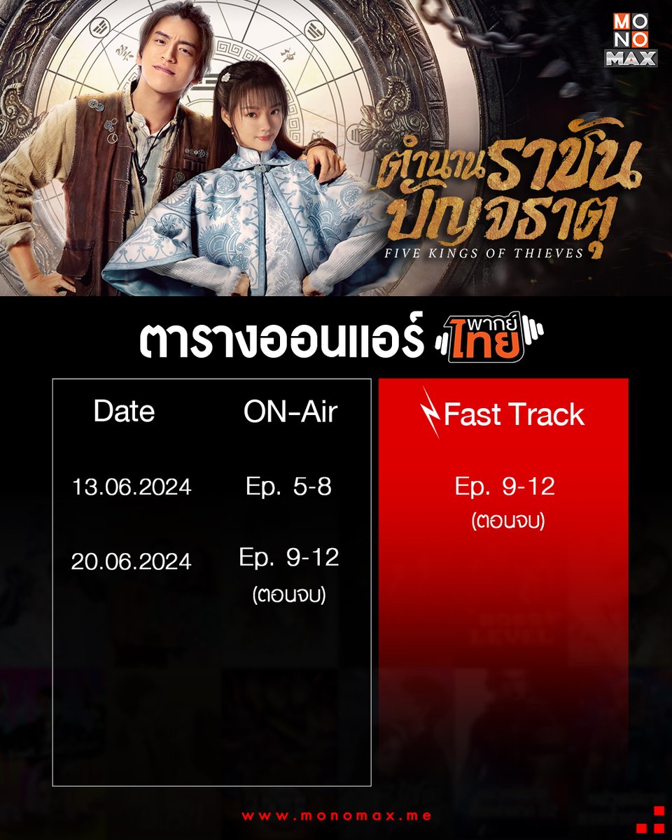 monomax_me's tweet photo. ตารางออนแอร์ซีรีส์จีน “#ตำนานราชันปัญจธาตุ” ⚔💥

🔐ปลดล็อก 2 ตอนใหม่ได้ก่อนใครไปกับ Fast Track⚡️ ในราคา 9 บาท/ตอน รายละเอียด Fast Track👉🏻 https://t.co/xj3iDRNvFF

สตรีม #ตำนานราชันปัญจธาตุ ที่ #Monomax 🎬 https://t.co/uWWImNyaCa

#FiveKingsofThieves
#หวังต้าลู่ #เหรินหมิ่น https://t.co/4nPXMoChLT