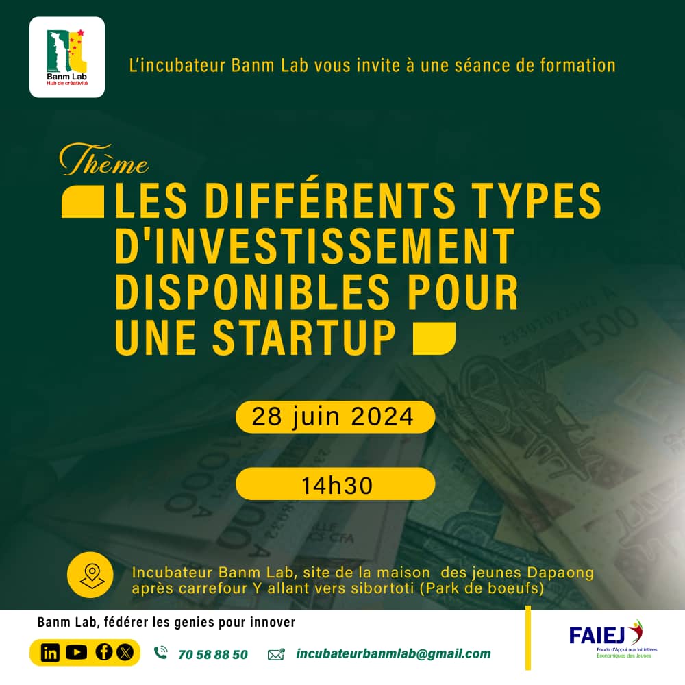 Vous êtes une startup? Découvrez les diverses options de financement et comment les exploiter pour faire croître votre entreprise. 
Rejoignez-nous le 28 Juin 2024 pour une formation sur les types de financement disponibles pour une start-up.
Inscription : bit.ly/4aXBmrp