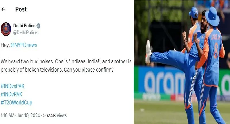 BuzztimesN's tweet photo. 🏏🇮🇳 Delhi Police bowls over Twitter with their hilarious post following India's epic win over Pakistan in the T20 World Cup! 😄👮‍♂️ https://t.co/a34xBQkkIu 

#IndVsPak #T20WC #DelhiPolice #CricketBanter #buzztimesnews https://t.co/M5AzO8OG5H