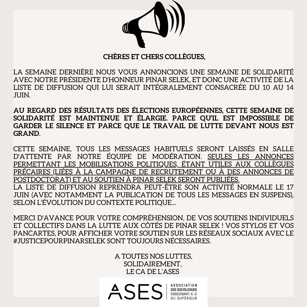 📣Cette semaine : modification de l'activité de la liste de diffusion ASES
Solidairement, 
Le CA de l'ASES