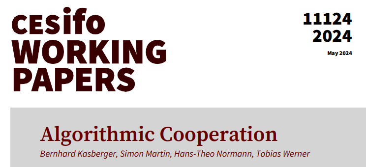 Algorithmic Cooperation |<a href="/B_Kasberger/">Bernhard Kasberger</a> <a href="/simonmartinecon/">Simon Martin</a>  <a href="/hans_normann/">Hans-Theo Normann</a> <a href="/_ToFeWe/">Tobias Werner</a> 
#EconTwitter
cesifo.org/en/publication…