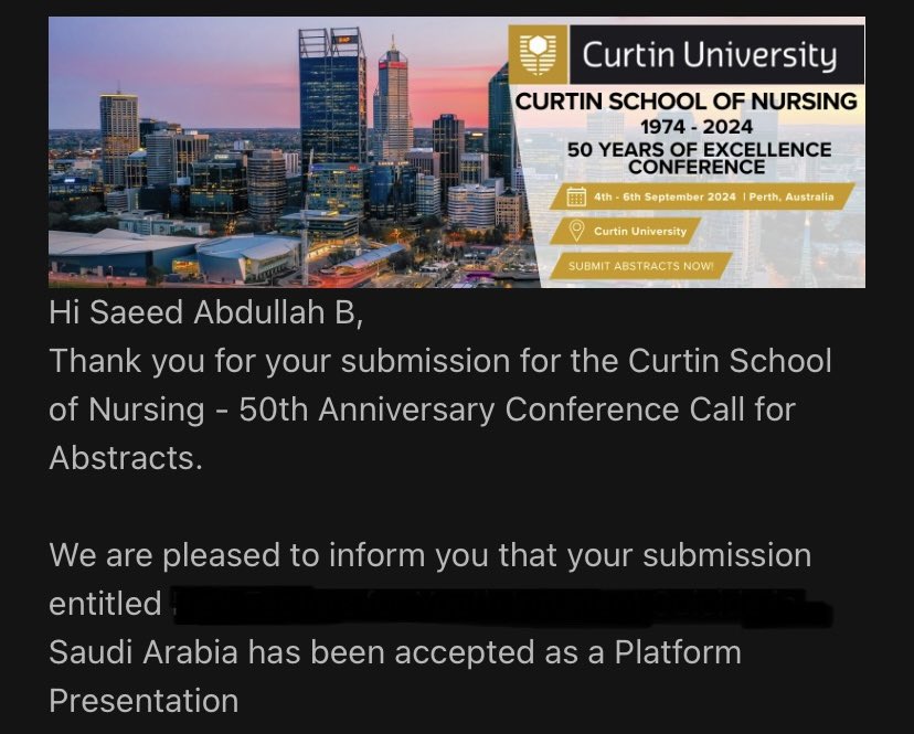 SAEED_GH_'s tweet photo. I'm excited to share that both of my abstracts have been accepted for the 48th Mental Health Nursing Conference &amp; Curtin School of Nursing - 50th Anniversary Conference in Perth, WA 

Can't wait to present it! https://t.co/kZwWuLp8UF