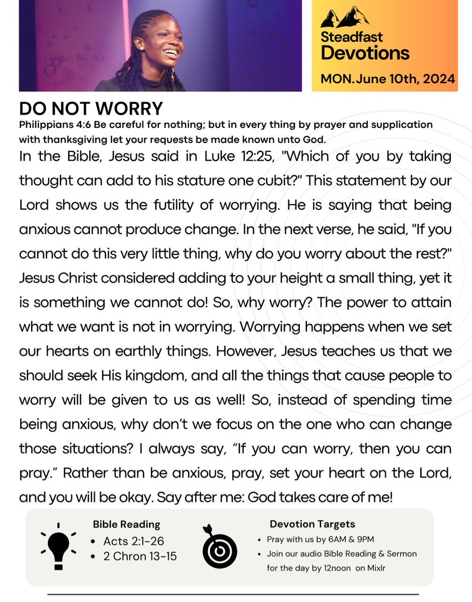 ππΈπΌπ±πΎπͺ πππͺπ²πΌπΈπ» (@josh_pda) on Twitter photo "The power to attain what we want is not in worrying".
It never has and never will.
Read #steadfastdevotions the daily devotional of <a href="/newbreedccng/">Newbreed Christian Community</a> authored by God's servant <a href="/sir_davoh/">David Oghenerobor</a>. You will be so blessed and enriched! "The power to attain what we want is not in worrying".
It never has and never will.
Read #steadfastdevotions the daily devotional of <a href="/newbreedccng/">Newbreed Christian Community</a> authored by God's servant <a href="/sir_davoh/">David Oghenerobor</a>. You will be so blessed and enriched!