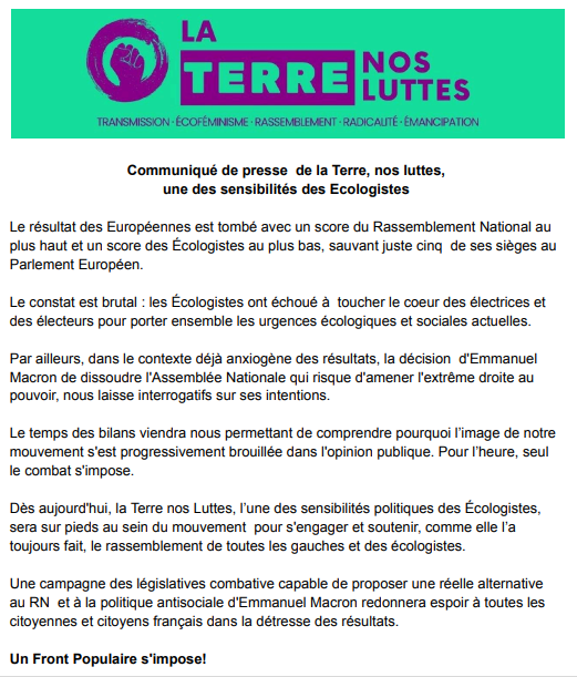 🌍✊ Communiqué de presse La Terre, Nos Luttes, une sensibilité des Écologistes.