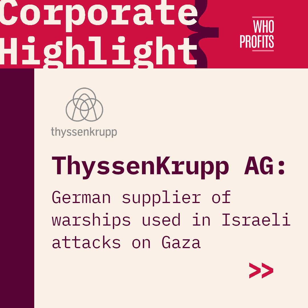 Who_Profits's tweet photo. ThyssenKrupp is one of hundreds of companies included in Who Profits’ database for its complicity with Israel’s violations of the rights of Palestinians and Syrians living under occupation.
For the company’s full profile visit https://t.co/zW5SX8BouU https://t.co/8I4fWZOOfk