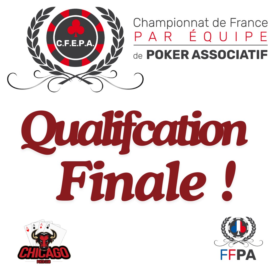 ChicagoPoker91's tweet photo. QUALIFICATION POUR LA FINALE DES CHAMPIONNATS DE FRANCE DE POKER ASSOCIATIF 2024 !

On finit meilleur 3ème (vs le 3ème de la demie zone 3) à l'arrache mais on passe quand même !

VGG à tous !

@FFPAssociatif #CFEPA2024 #CFEPA #POKER https://t.co/LWaujsG4kg