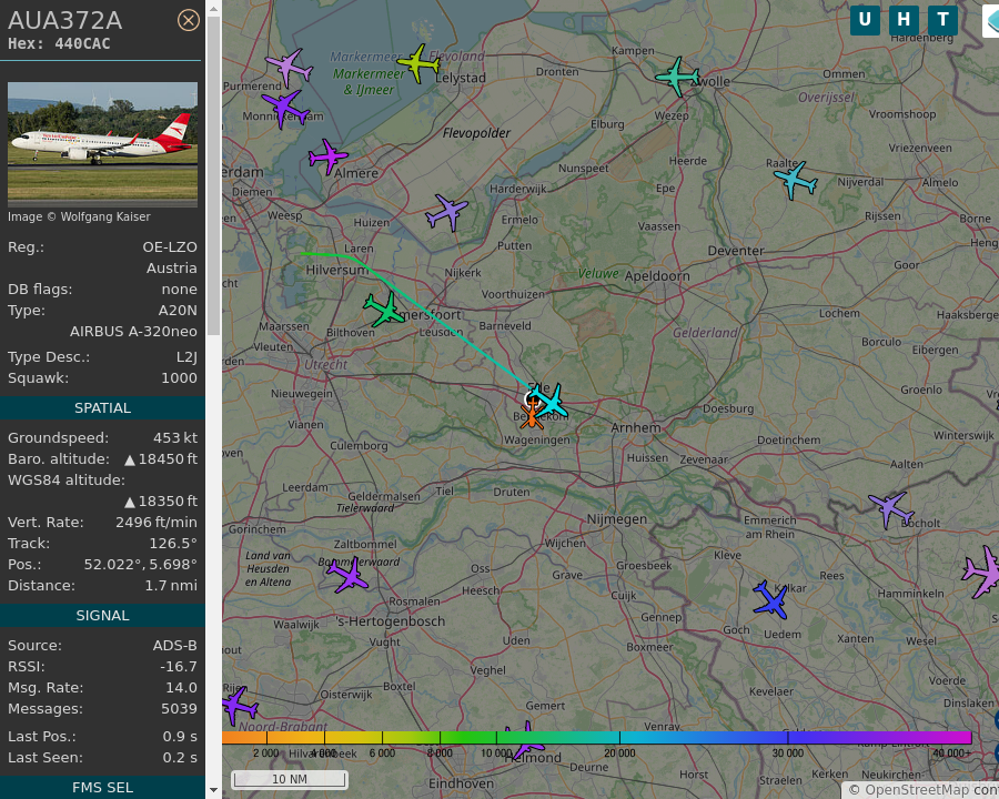 AboveEde's tweet photo. #AUA372A OE-LZO A320 271NSL Austrian Airlines AMS-VIE Amsterdam Airport Schiphol to Vienna International Airport: 0.9 mi away @ 17925 ft and 75.5° frm hrzn, heading SE @ 543.2mi/h 08:31:35. #FlyingFast #ADSB #dump1090 https://t.co/A1Ro9vPwkm