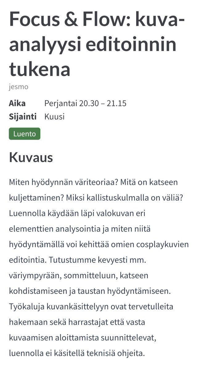 Jos kiinnostaa tulla kuuntelemaan mitä ajattelen valokuvia editoidessa, juttelen aiheesta <a href="/desukun/">Desucon (Finland)</a> :issa perjantaina klo 20.30 🙈