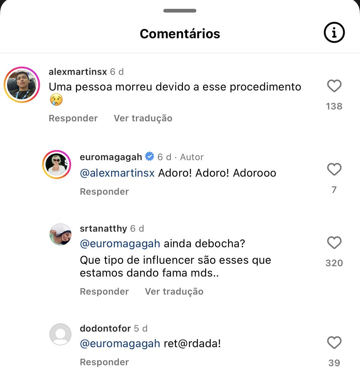 babi's tweet photo. A Romagaga que fez peeling de fenol com a mesma esteticista que causou a morte do moço, tem respostas automáticas no Instagram dela. 
Aí o povo tá indo lá no video dela falar sobre o assunto e estão saindo essas pérolas aqui: https://t.co/5Zfk1FST2i