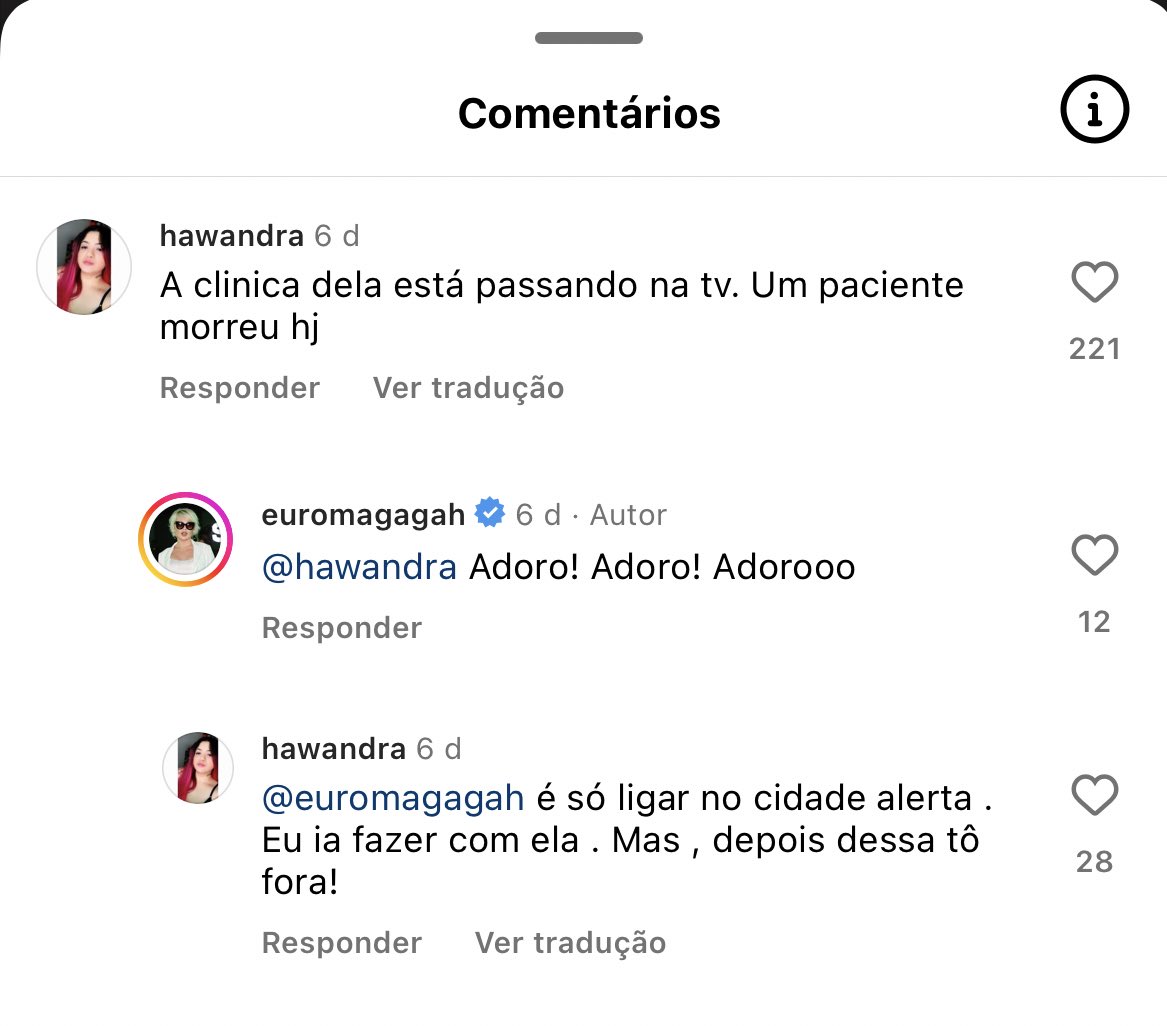 babi's tweet photo. A Romagaga que fez peeling de fenol com a mesma esteticista que causou a morte do moço, tem respostas automáticas no Instagram dela. 
Aí o povo tá indo lá no video dela falar sobre o assunto e estão saindo essas pérolas aqui: https://t.co/5Zfk1FST2i