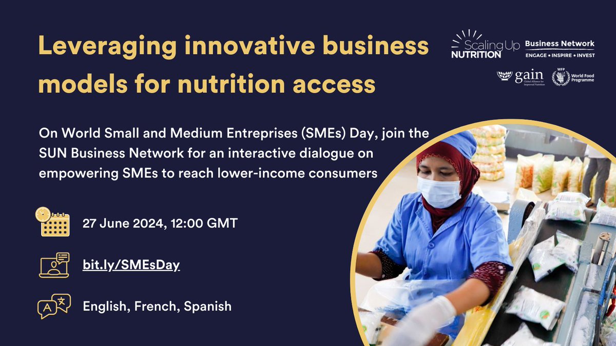 Countdown ⏳
16 days to go.
Join us in celebrating this year's #worldsmeday on Thursday 27th June, by 12:00 GMT.
In collaboration with <a href="/SUN_Movement/">Scaling Up Nutrition (SUN) Movement</a> SBN will be hosting a webinar on innovative business models for nutrition access. 
Register to participate: bit.ly/SMEsDay