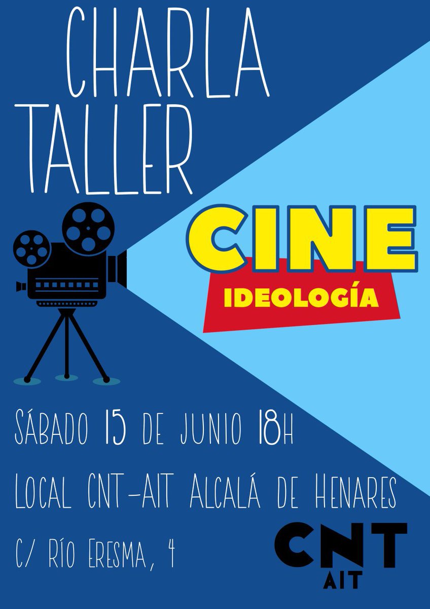 ¿Conoces la propaganda que hay detrás de las películas? En CNT-AIT Alcalá de Henares te invitamos a desgranarla y analizarla en nuestra charla-taller este sábado a las 18h en nuestro local. 
¡No te la pierdas!🎬