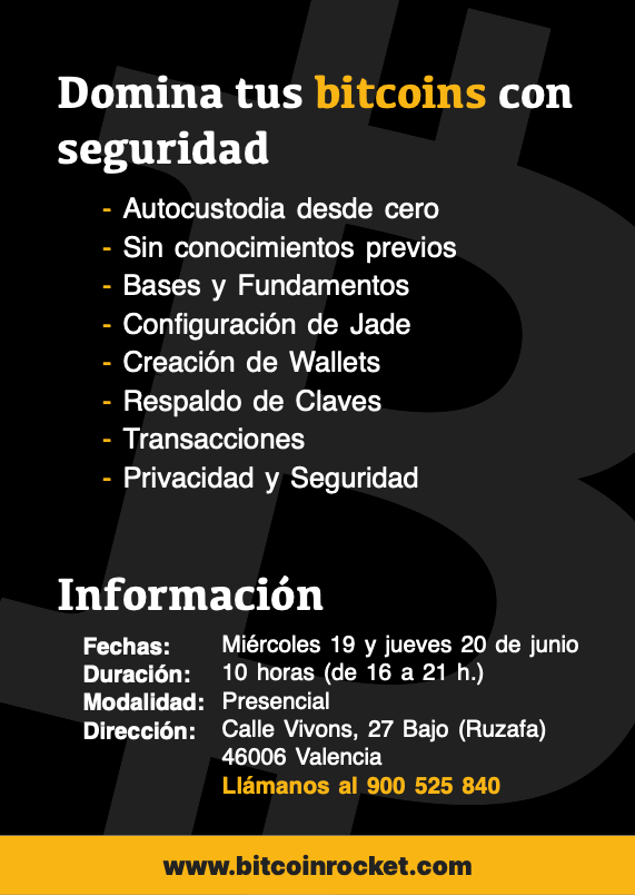 Fernando Serer (@fserer) on Twitter photo 🚀🚀 ¡Tenemos nuevo curso de Custodia y Privacidad de Bitcoin en Bitcoin Rocket!
📅🔐 Únete el 19 y 20 de junio con Joaquín de <a href="/btcenespanol/">BTCenEspañol</a> como profesor y domina la custodia de tus bitcoins con seguridad.
Más info en: bitcoinrocket.com/cursos/curso-c…
#Bitcoin #Seguridad #Custodia 🚀🚀 ¡Tenemos nuevo curso de Custodia y Privacidad de Bitcoin en Bitcoin Rocket!
📅🔐 Únete el 19 y 20 de junio con Joaquín de <a href="/btcenespanol/">BTCenEspañol</a> como profesor y domina la custodia de tus bitcoins con seguridad.
Más info en: bitcoinrocket.com/cursos/curso-c…
#Bitcoin #Seguridad #Custodia