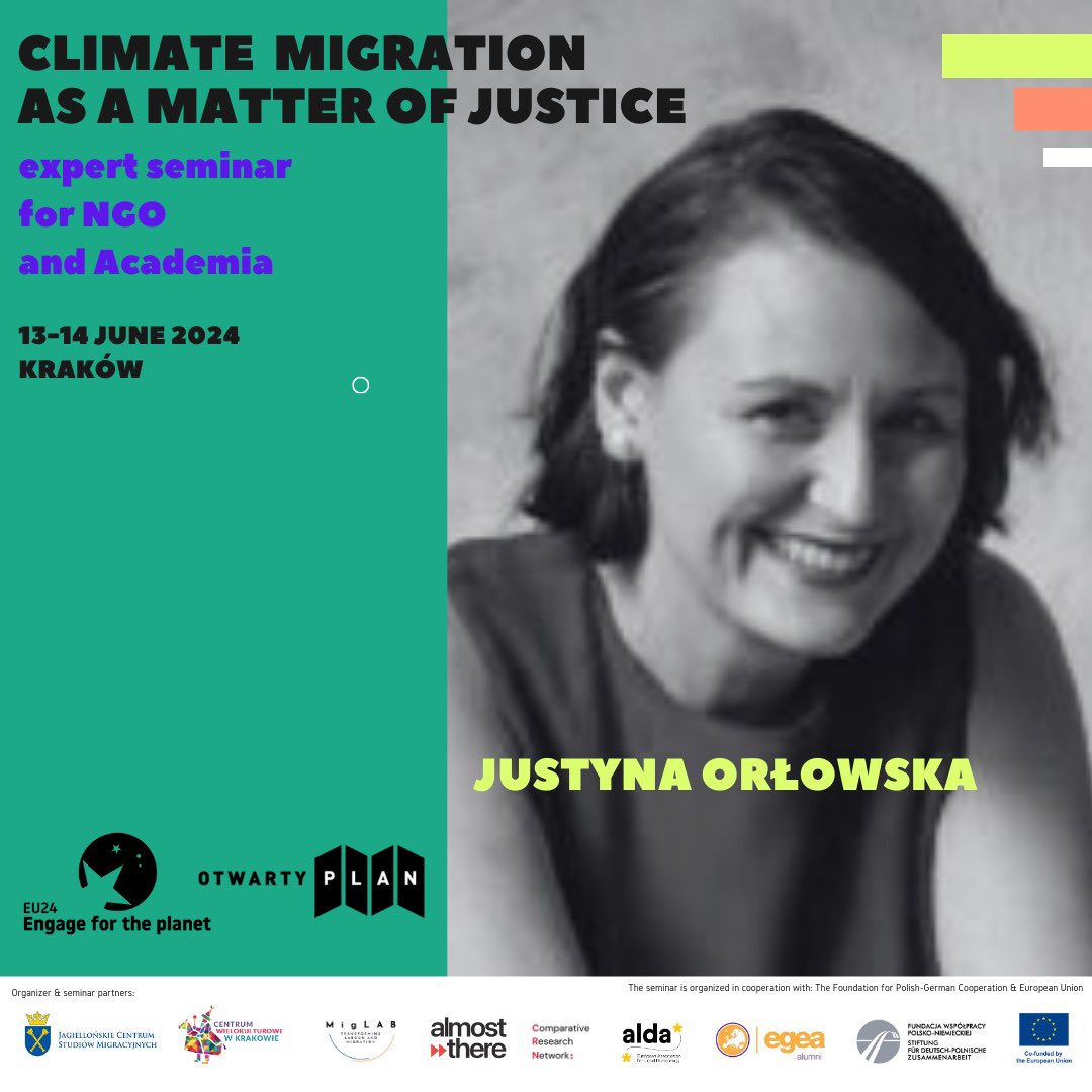 EU24_4THEPLANET's tweet photo. 🌍✨ Join us for "Climate Migration as a Matter of Justice" Seminar! 

🌱 Discover insights from Magdalena Klarenbach, Hannah Heyenn, Dr. Małgorzata Krywult-Albańska, and Dr. Justyna Orłowska. 

Let's take action for a just and sustainable future! 🌿💡
#Engage4thePlanet https://t.co/lP6CWjZ2Vb