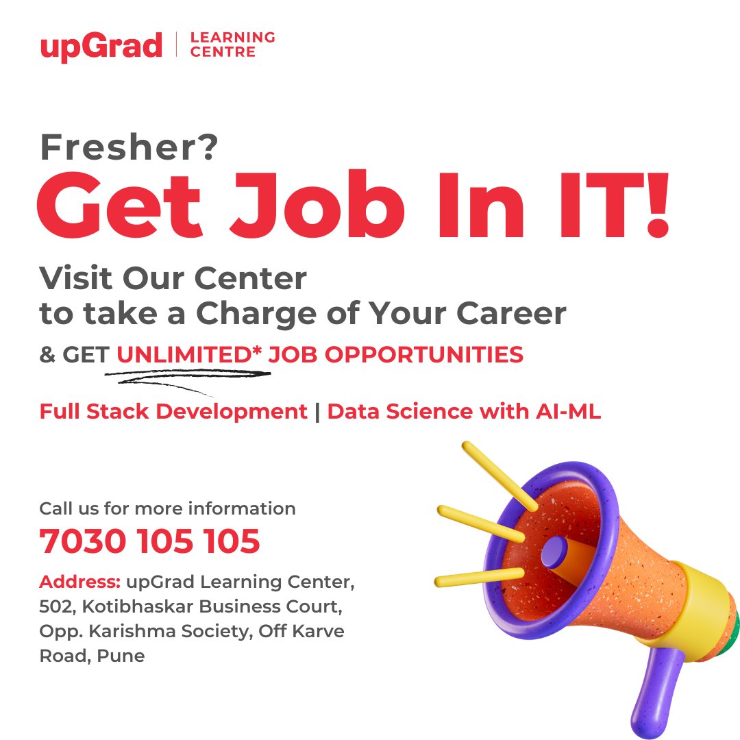 upGradOffline's tweet photo. At the upGrad Learning Centre in Pune, freshers can take charge of their careers and unlock unlimited* job opportunities in the field of technology.

Don't miss out on this chance to grow your skills!

#careerdevelopment #TechCareers #Freshers #CareerGrowth #UnlockOpportunities https://t.co/HZvsZzqRez