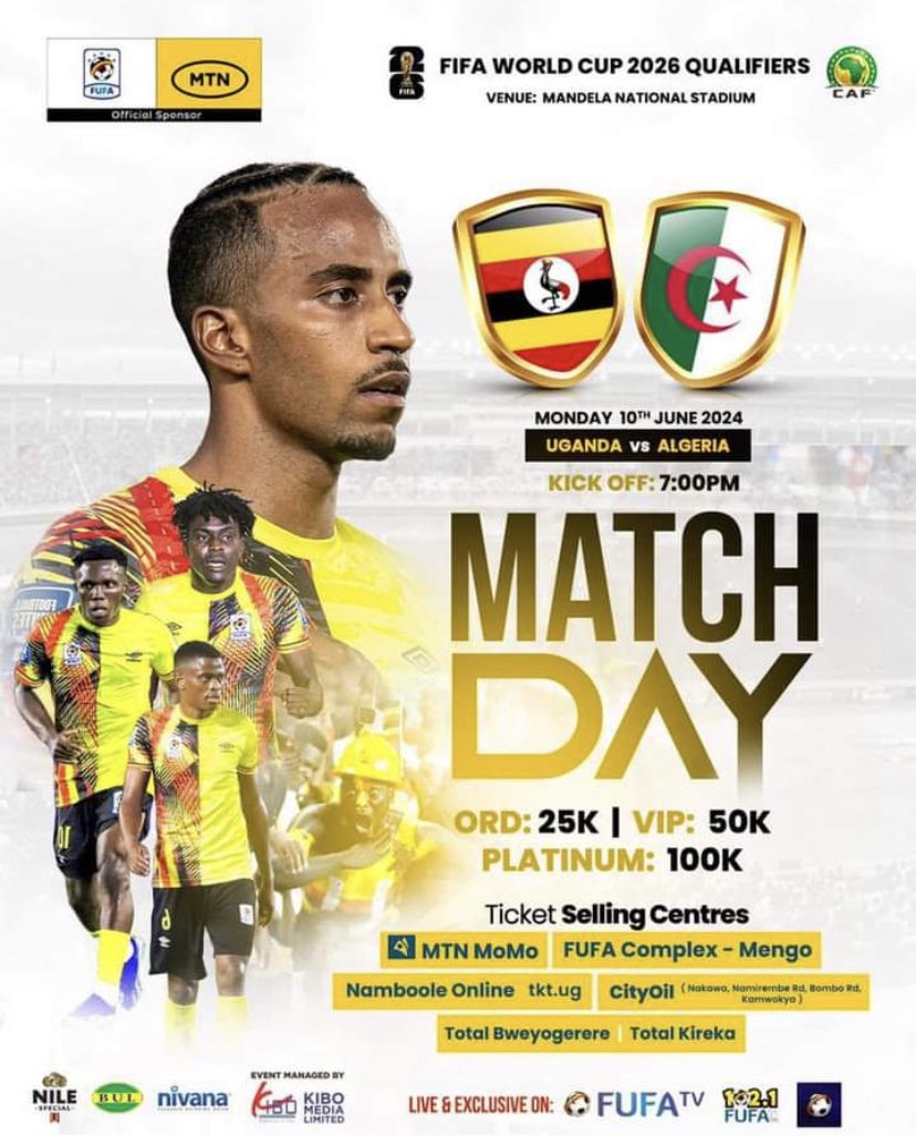 It's Match ⚽️ day yet again at Mandela  National Stadium, 7:00PM! 

Let's rally behind our boys <a href="/UgandaCranes/">Uganda Cranes</a> as they take on Algeria in the Fifa World Cup 2026 qualifiers. 
Discount tickets on sell via #MTNMoMo App or hit ☎️ *165*20#

Let's fill up the stadium with energy and