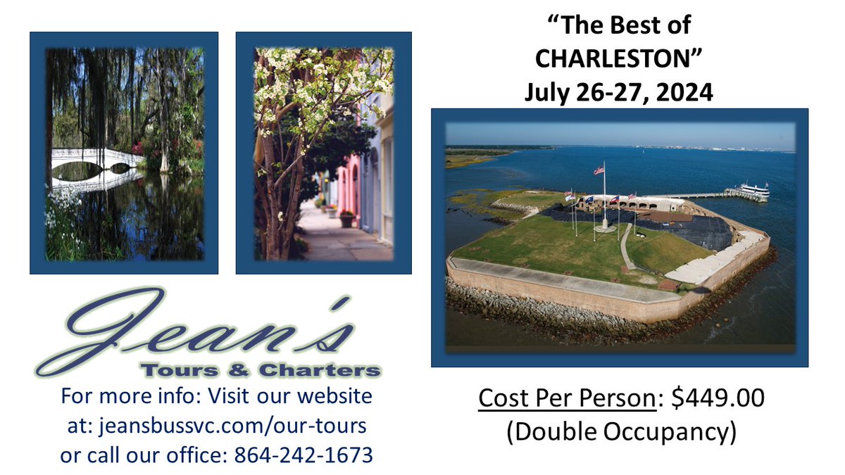 For more information visit our website at jeansbussvc.com/our-tours
call our office at 864-242-1673
or email Erica at erica@jeansbussvc.com

#ridewithjeans #Travel