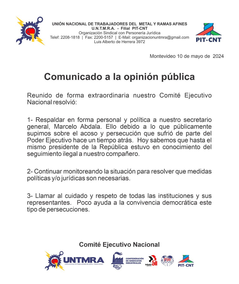 Comunicado de UNTMRA a la opinión pública.
<a href="/MarceAbdalaCNT/">Marcelo Abdala</a>