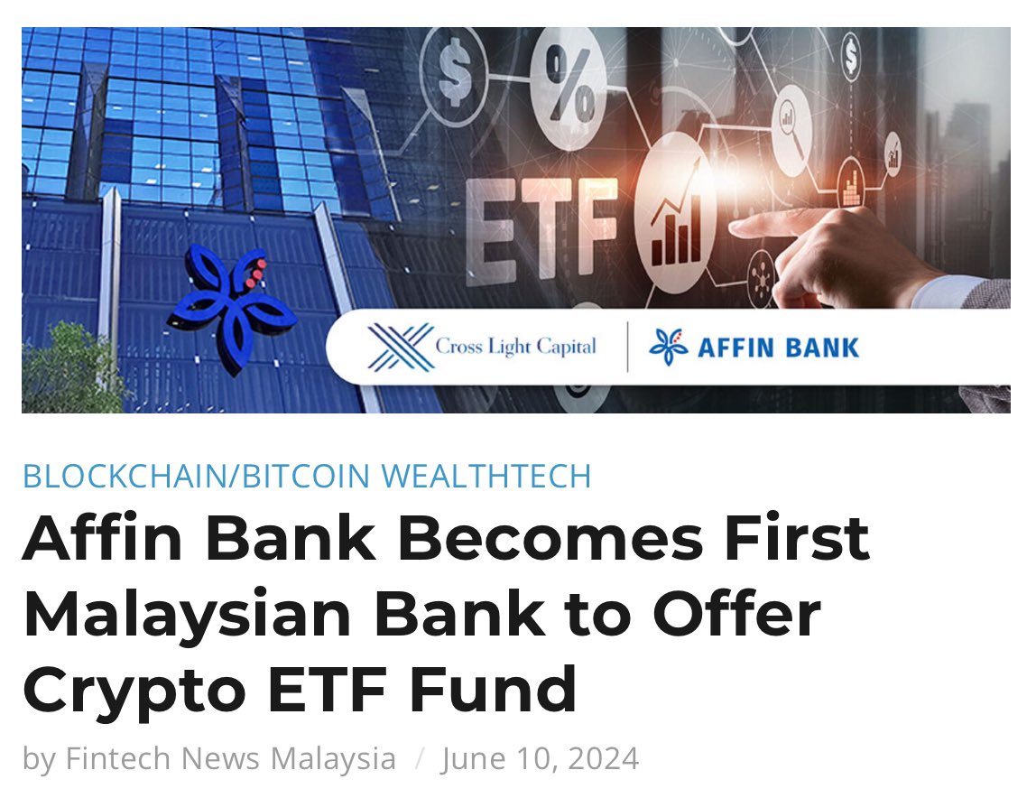 Affin Bank partners with Cross Light Capital, a local fund house to launch Crypto ETF.

They are targeting institutions and sophisticated high net worth investors.

With 5% sales charge and 2% management fees, it would be a lucrative business as the local institutional demand