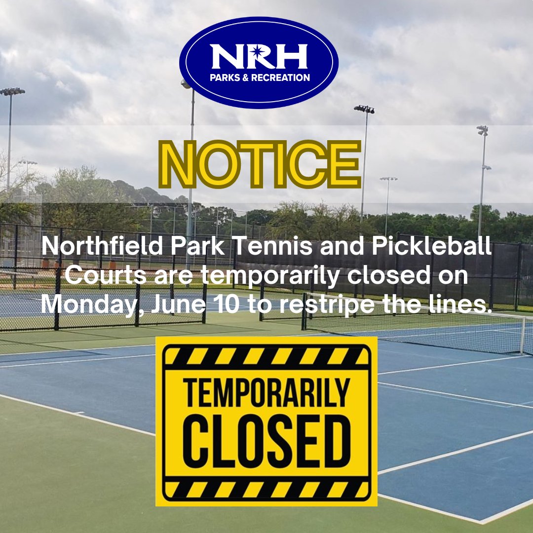 COURT MAINTENANCE NOTICE: The Northfield Park Tennis and Pickleball courts will be temporarily closed on Mon, June 10 to restripe the faded blended pickleball lines. The courts will be back open on Tues, June 11! Thank you for your cooperation while we make these improvements.