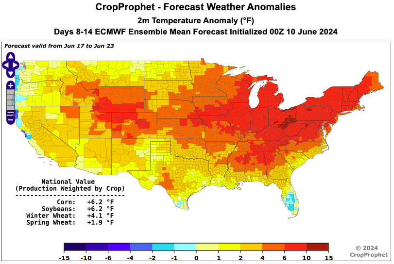 CropProphet's tweet photo. In the next 7 days, #agwx is forecasted to be dry across the majority of the #grain growing regions. In the 8-14 day range, #corn prod weighted temps are forecasted to be ~6°F above normal. The ens yld fcst distributions suggests this is not yet a problem.
#oatt #graintraders https://t.co/H4h3wLfwrh