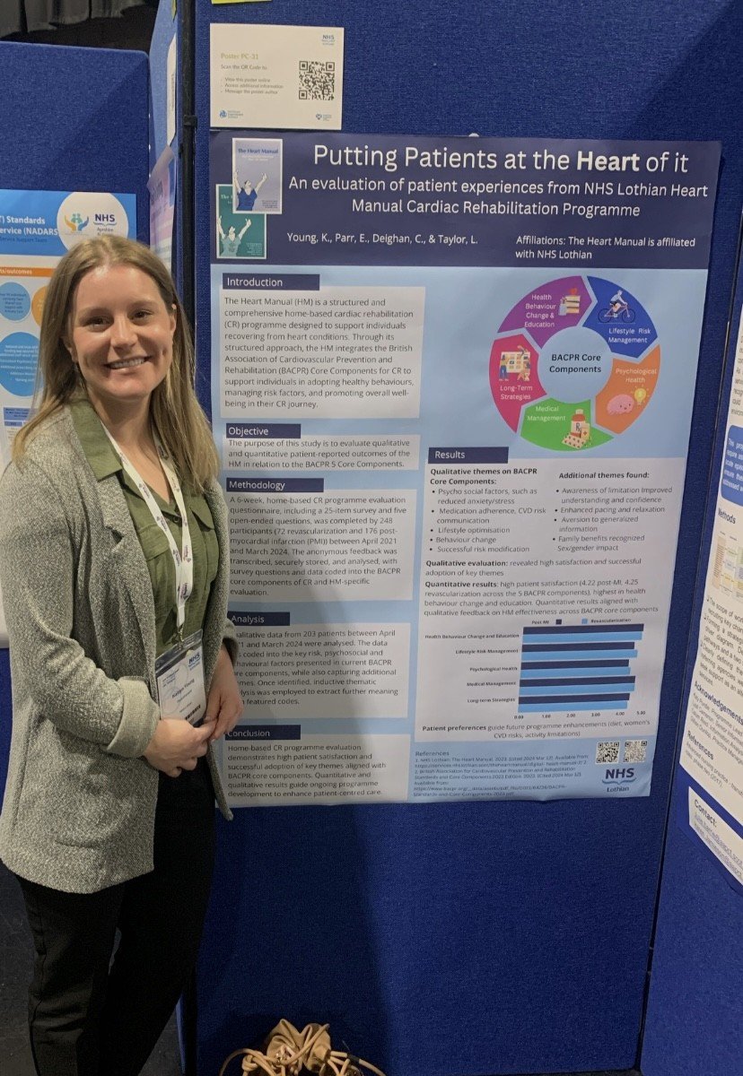 Kaitlyn Young our Specialist Practitioner presenting at  #NHSScot24 on patient experiences of the Heart Manual, NHS Lothian, Home-based Cardiac Rehabilitation programme.