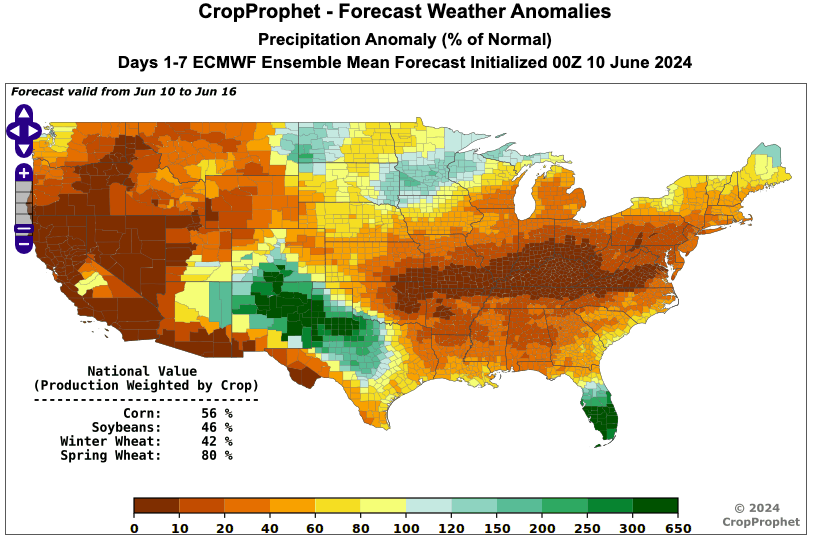 CropProphet's tweet photo. In the next 7 days, #agwx is forecasted to be dry across the majority of the #grain growing regions. In the 8-14 day range, #corn prod weighted temps are forecasted to be ~6°F above normal. The ens yld fcst distributions suggests this is not yet a problem.
#oatt #graintraders https://t.co/twm8C1xIMW