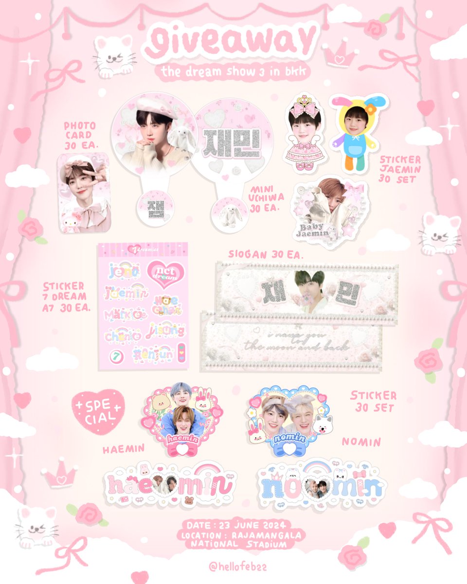hellofeb22's tweet image. pls kindly rt ♡︎

˚₊· 𓂃 🐰☁️ giveaway tds 3 𓂃 𓂂
 ♡̶ nana set 
 ♡̶ a7 sticker

𝑠𝑝𝑒 יִ gift for #haemin #nomin shipper 🏹♡ 𐬹
 ♡̶ sticker 30 set

🤍ྀི June 23
🪧tba
 ✧ rt &amp;amp; show this tweet ✧

#NCTDREAM_THEDREAMSHOW3inBKK  #NCTDREAM_THEDREAMSHOW3_in_BKK