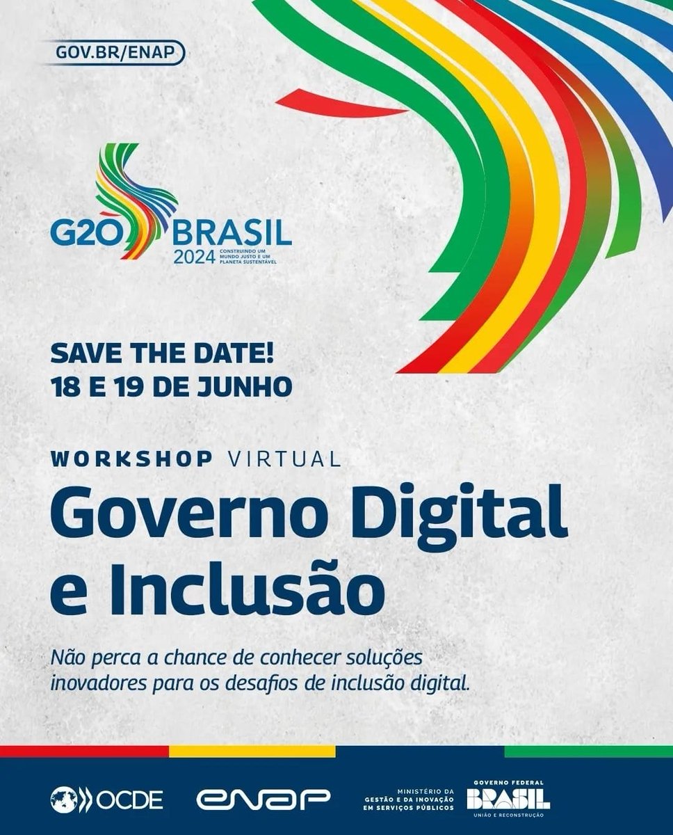 #G20 promove “Workshop virtual: Governo Digital e Inclusão” com participação de especialistas de diversos países

Grupo de Trabalho de Economia Digital se reúne para debate sobre infraestrutura pública digital e inclusiva nos dias 18 e 19/junho. 🗓️

➕➡️gov.br/gestao/pt-br/a…