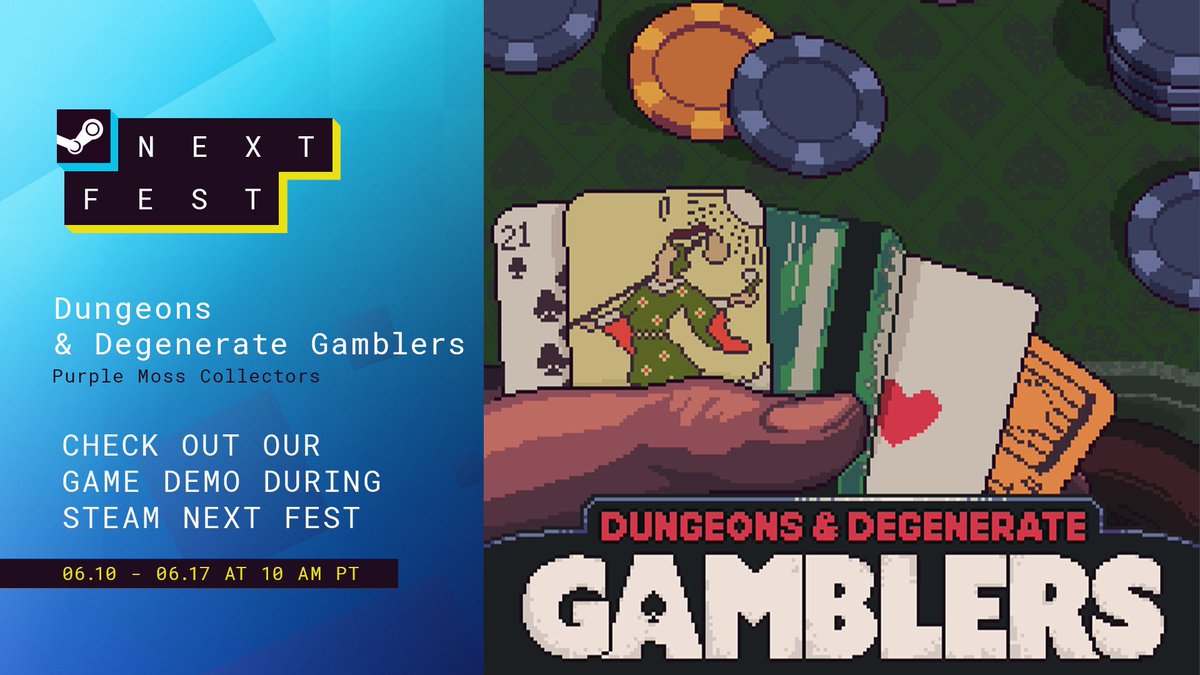 Happy <a href="/Steam/">Steam</a> Next Fest day! Check out the gorgeous Dungeons &amp; Degenerate Gamblers demo right now!

This roguelike deckbuilding adventure will have you playing blackjack with cards you’ve never used before. From tarot cards to birthday cards and more—anything's to play with!