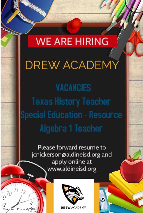 MrJNickerson's tweet photo. Are you interested in joining @Drew_AISD? We still have positions open. https://t.co/nKIsrCQFGW