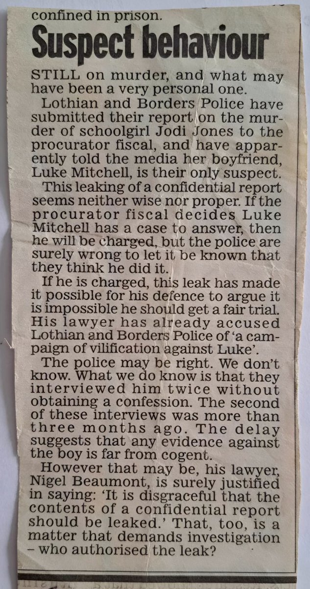 LMC89543's tweet photo. SUSPECT BEHAVIOUR ?? 
(See image)  

We all know Luke Mitchell was subject to Trial by Media. We all know Lothian & Borders Police & Police Scotland fed the Media information about a 14 year old Child, as well as showing witnesses images from paper cuttings that he shouldn’t have been in, in the first place before they asked them to identify him. 

The Police were very much leaking confidential information to the Media that had an enormous impact on Luke Mitchell’s ability to have a fair Trial. 

The only suspect in a case that had multiple samples of DNA that Matched another Male. No DNA present from the ONLY suspect. 🤔

Beggars Belief   

#GetHimOutNow
#ReleaseTheSamples 

 @stuzi_pants @Stephenheid @JNHanvey  @Tucker5law @WeKnowTheyKnow1 @Raicheruu  @michael73798531 @ProfDavidWilson   @AlexSalmond @citizentommy @AConstance23 @Keir_Starmer  @CTodd_ALBAParty @HumzaYousaf   @ScotTories @scottishLabour @TheSNP @scottishgreens @niallfraser8 @AnasSarwar @labourpress @scotlibdems @RussellFindlay1  @Joannaccherry @JamesEnglish0 @conventionLaird @BBCScotlandNews @STVNews @Channel5Press @channel5_tv @Channel4News @itvnews @copfs
@PoliceScotland @ParoleBoardScot 
@midgov @midCSJP @scottishprisons @MailOnline @DailyMirror @edinburghpaper @ScottishSun @ScotParl  @JohnSwinney @_KateForbes @AshReganALBA @AamerAnwar
@kirstyjmcneill @OwenThompson @RossLaird55