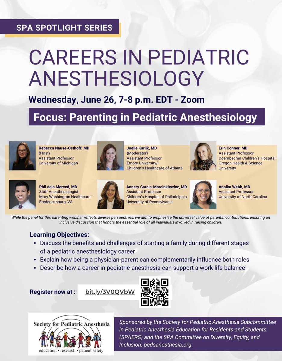 Calling all med students &amp; anesthesia residents: Being a physician parent can be hard! Join us us for the next SPA Spotlight series as our panelists share their experiences building a family and parenting as pediatric anesthesiologists! <a href="/PediAnesthesia/">SPA</a>
