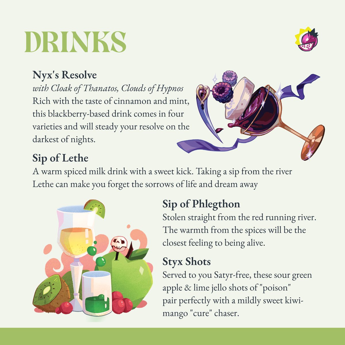 hadescookbook's tweet image. 🍷 AFTER DARK: DRINK MENU

Drink responsibly! All drinks come with nonalcoholic substitutions, in case you want to get in one final escape before not-falling into bed, because -remember!- we don&apos;t sleep.

LAST DAY! Store closes 17 June 11:59 PM Eastern.
🛒 ko-fi.com/hadescookbook/…