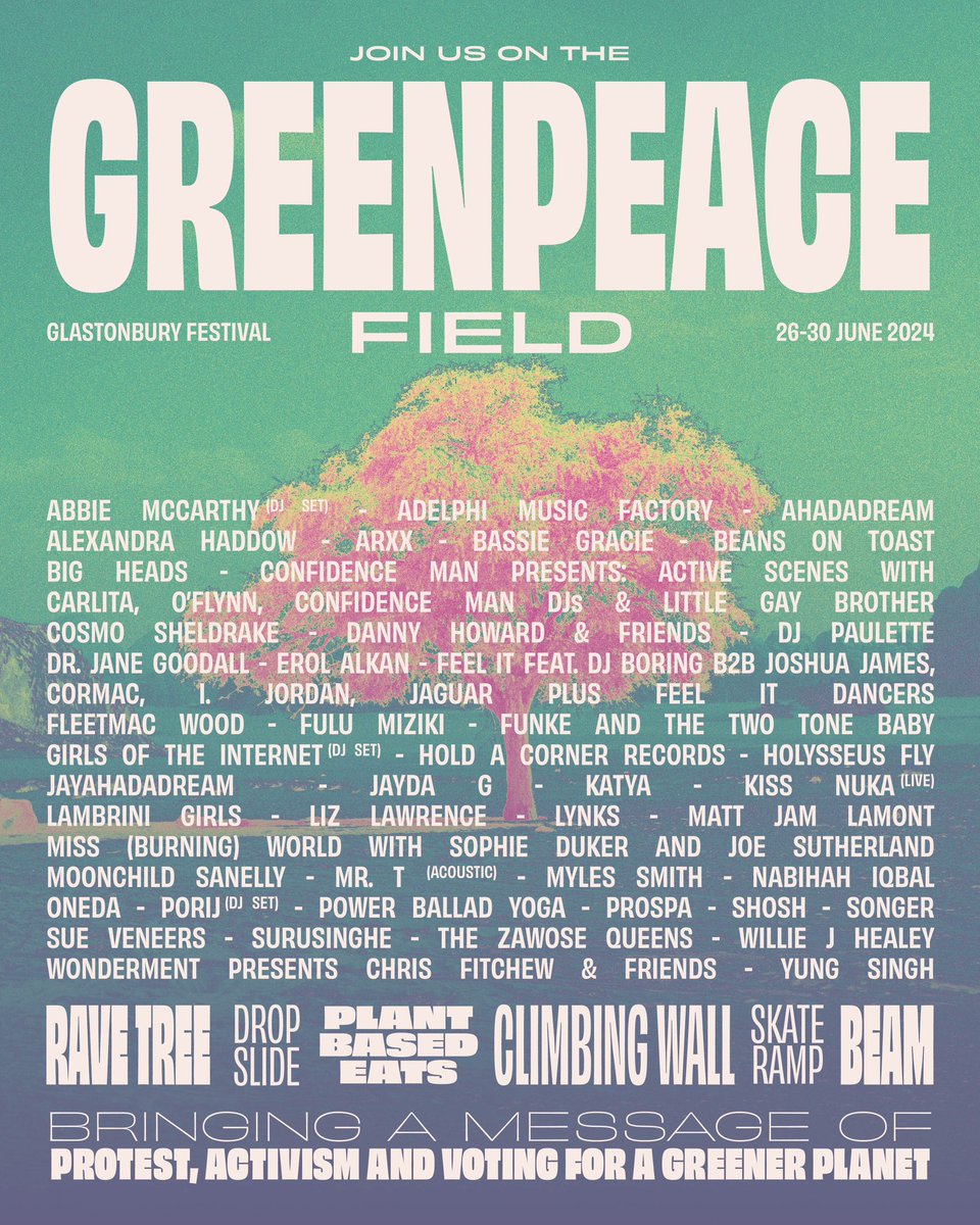 GLASTONBURY 🤝🏼 SUNDAY 
Meet at the rave tree 🌳 
I’m bringing some friends… 
<a href="/GreenpeaceUK/">Greenpeace UK</a> <a href="/glastonbury/">Glastonbury Festival</a>