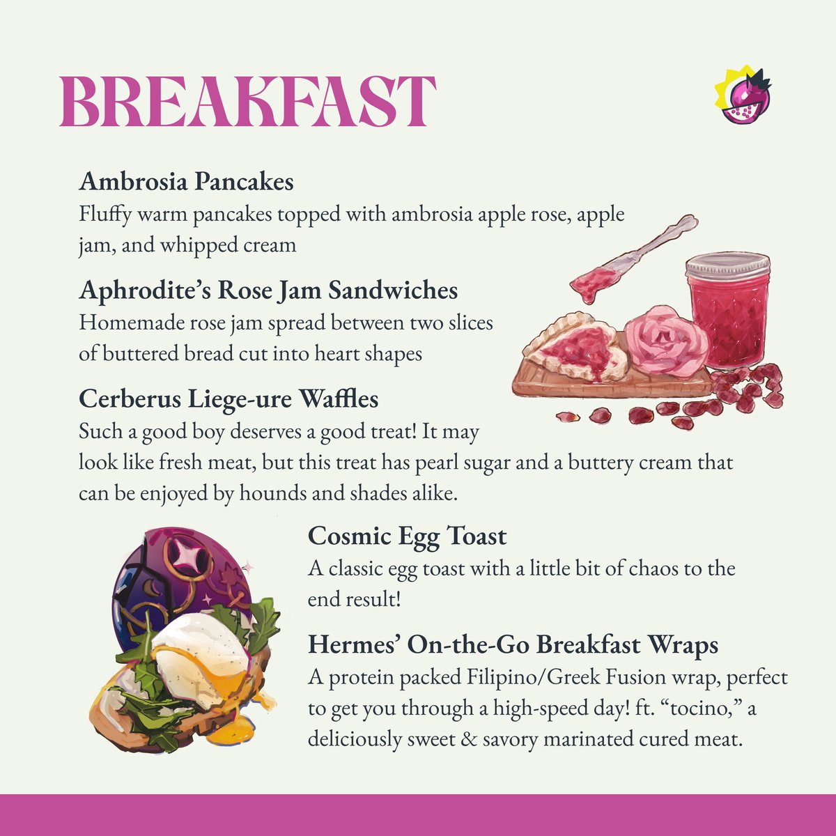 hadescookbook's tweet image. 🫒 WHAT&apos;S FOR BREAKFAST?

Starting with the most important meal: breakfast! Pancakes or waffles? Egg toast, where your egg&apos;s fate (form) determined by chaos (a dice roll)? Or maybe you woke up late and need a boon from your friend Hermes?

1️⃣ WEEK LEFT!
🛒 ko-fi.com/hadescookbook/…