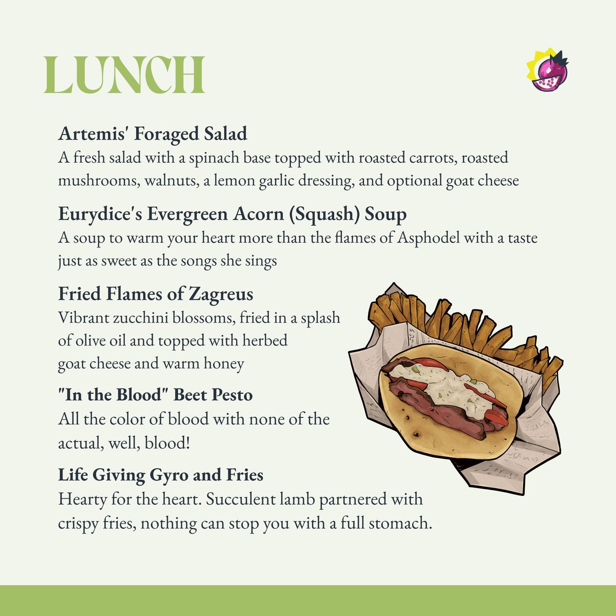 hadescookbook's tweet image. 🌶️ WHAT&apos;S FOR LUNCH?

A good escape always stirs my appetite: it&apos;s time for lunch! We have all manners of lunch choices, so take your pick: something light like Artemis&apos; salad, or filling like gyro, or hearty like Eurydice&apos;s squash soup?

5️⃣ DAYS LEFT!
🛒 ko-fi.com/hadescookbook/…