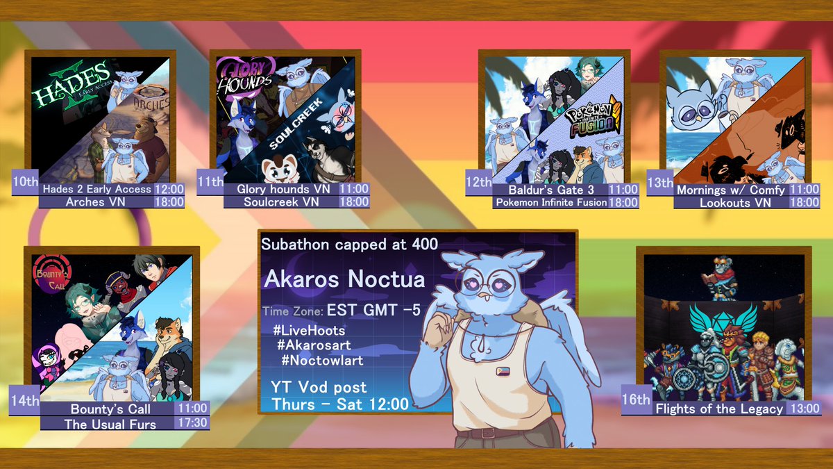 akarosnoctua's tweet photo. 📢 Subathon week 17🦉

: ̗̀➛This Friday marks our 4 year Anniversary Streaming hoot hoot !!

Details ⤵️
#LiveHoots | #ENVtuber | #Vtuber | #furry | #Subathon | #FlightsofTheLegacy | #PokemonInfinitefusion | #SoulcreekVN | #LookoutsVN | #ArchesVN | #GloryHoundsVN | #TheUsualFurs https://t.co/nYCbjBkvFK