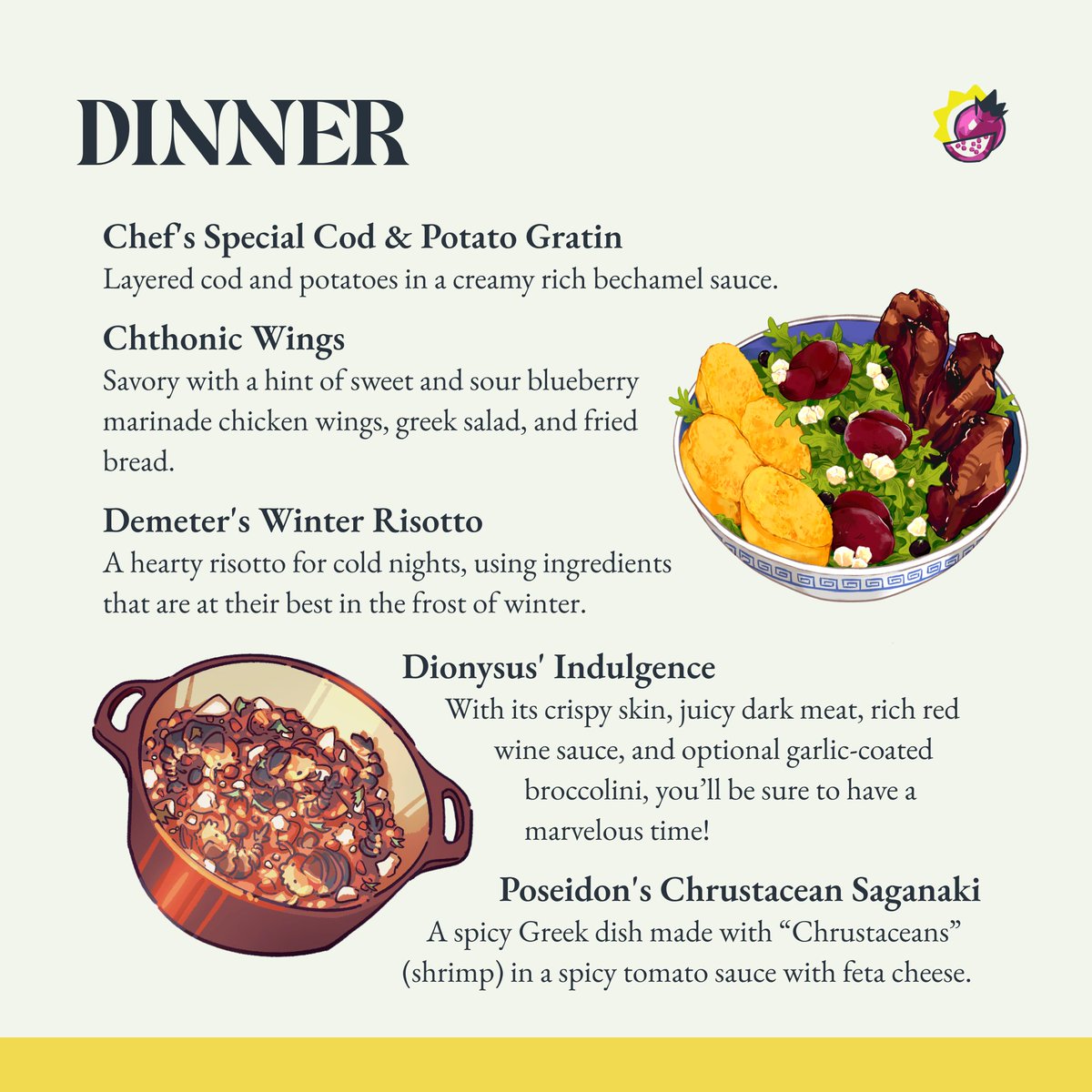 hadescookbook's tweet image. 🫒 WHAT&apos;S FOR DINNER?

Dinnertime, finally! Let&apos;s dig in. What whets your appetite, dear Shade? The -Chef&apos;s Special- cod gratin? The trio&apos;s Chthonic wings, or Demeter&apos;s winter risotto? Dio&apos;s chicken thighs, or Poseidon&apos;s saganaki?

3️⃣ DAYS LEFT!
🛒 ko-fi.com/hadescookbook/…
