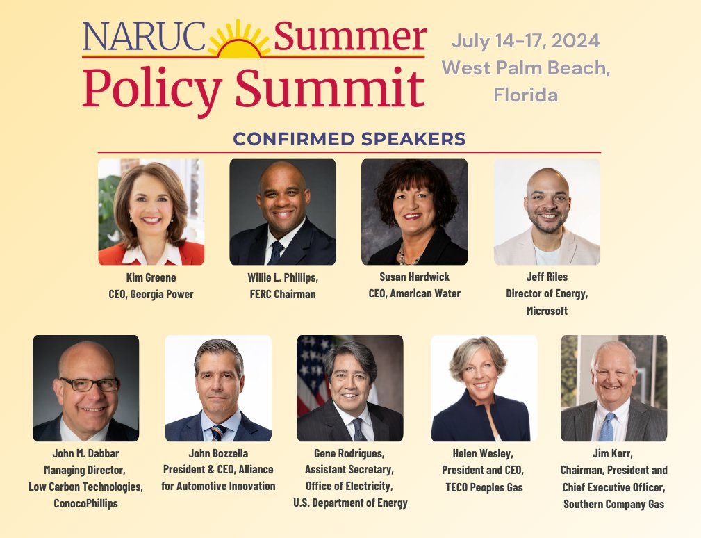 NARUC's tweet photo. #NARUCSUMMER24 speakers: @KimGreeneCEO (@GeorgiaPower), @wlpFERC (@FERC), Susan Hardwick (@amwater), @jeffriles (@Microsoft), John Dabbar (@conocophillips), John Bozzella (@autosinnovate), Gene Rodrigues (@ENERGY), Helen Wesley (@TECOPeoplesGas) & Jim Kerr (@SouthernCompany). https://t.co/Y6pG8U6IJx