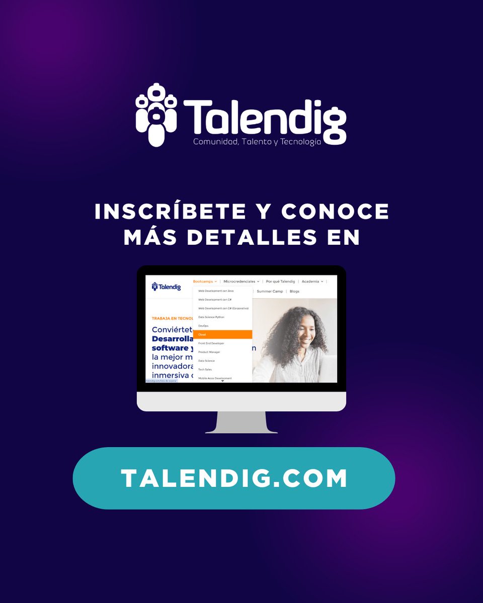 talendigrd's tweet photo. 🚀 ¡Inscríbete en nuestros bootcamps de Julio y transforma tu futuro! 🎓✨
En Talendig te ofrecemos una oportunidad única para aprender y crecer en el mundo tecnológico con nuestros bootcamps especializados. ¡Elige el tuyo!
✅https://t.co/5b6voes1lA https://t.co/8FJKRHjNLU