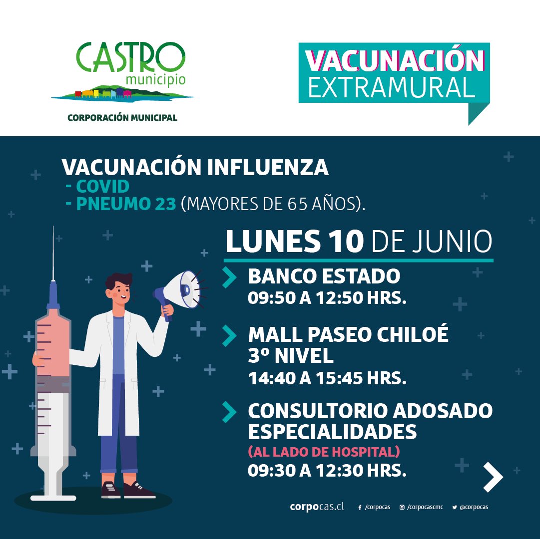 [VACUNACIÓN] Nuestro Departamento de #SaludMunicipal llama a la población objetivo de la campaña de vacunación #covid_19, #influenza y #pneumo23 en diferentes espacios públicos y sectores de nuestra comuna.