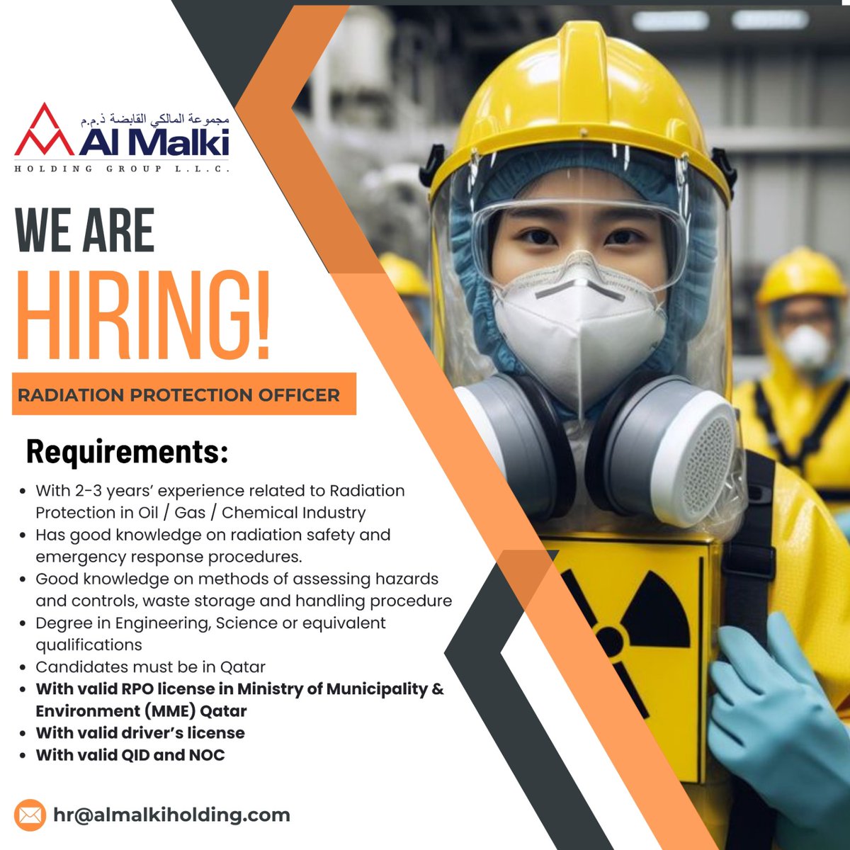ArabianMEPQatar's tweet photo. We are Hiring!!!!
Radiation Protection Officer (with Valid QID and NOC)
Please send your updated resume to hr@almalkiholding.com https://t.co/8zAytiFQyC