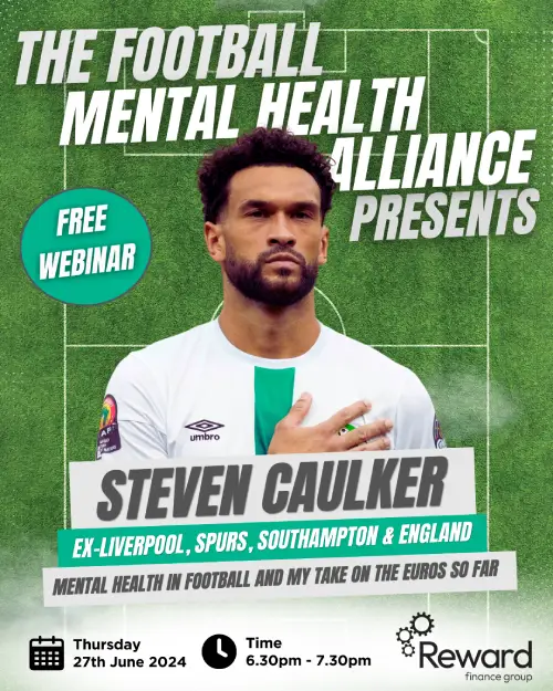 DerbyshireFA's tweet photo. 💬⚽ |  "Mental Health in Football &amp; my take on the EURO's so far" webinar with ex-England international Steven Caulker 

💻 Online
📅 Thursday 27 June
⌚ 6:30pm - 7:30pm

Book your place 👇
https://t.co/RiaPBEAEVu https://t.co/KNpOS5XLbq